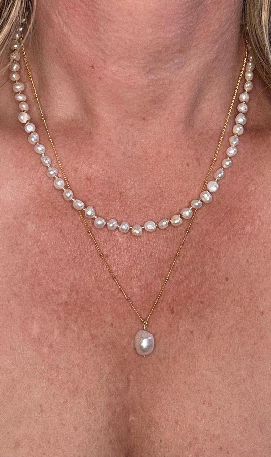 Two-Strand Freshwater Pearl Necklace- 14k gold plated