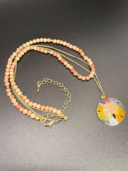 Colorful Shell Pendant and Pink Stone Two Strand Necklace