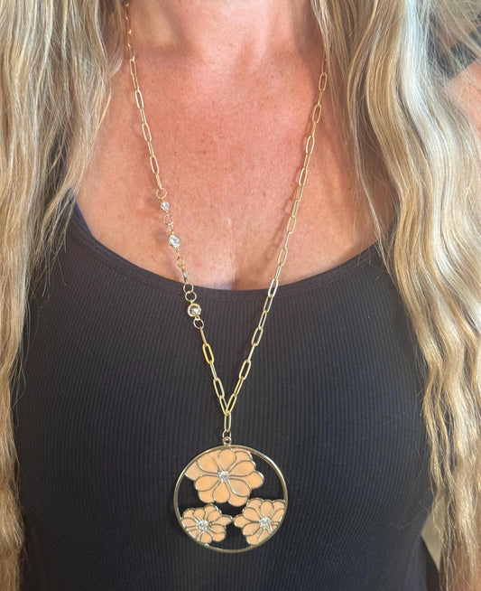 Large Floral Pendant Necklace - 14K Gold Plated Paperclip Chain with CZ Accents