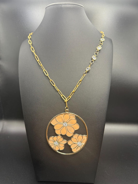Large Floral Pendant Necklace - 14K Gold Plated Paperclip Chain with CZ Accents