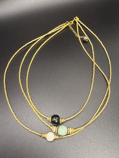 Three Strand Dainty Gold Beaded Layered Statement Necklace