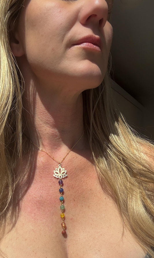 Chakra Beads Necklace with Lotus Pendant, 14” Adjustable