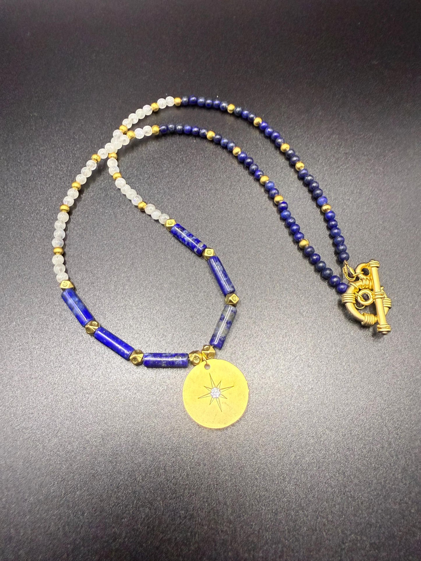 Lapis lazuli beaded matte gold plated star CZ pendant necklace