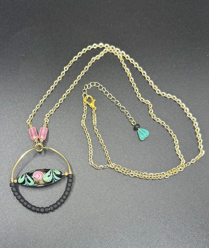 Handmade Vintage WG Glass Bead Necklace with 14k Gold Plated Chain